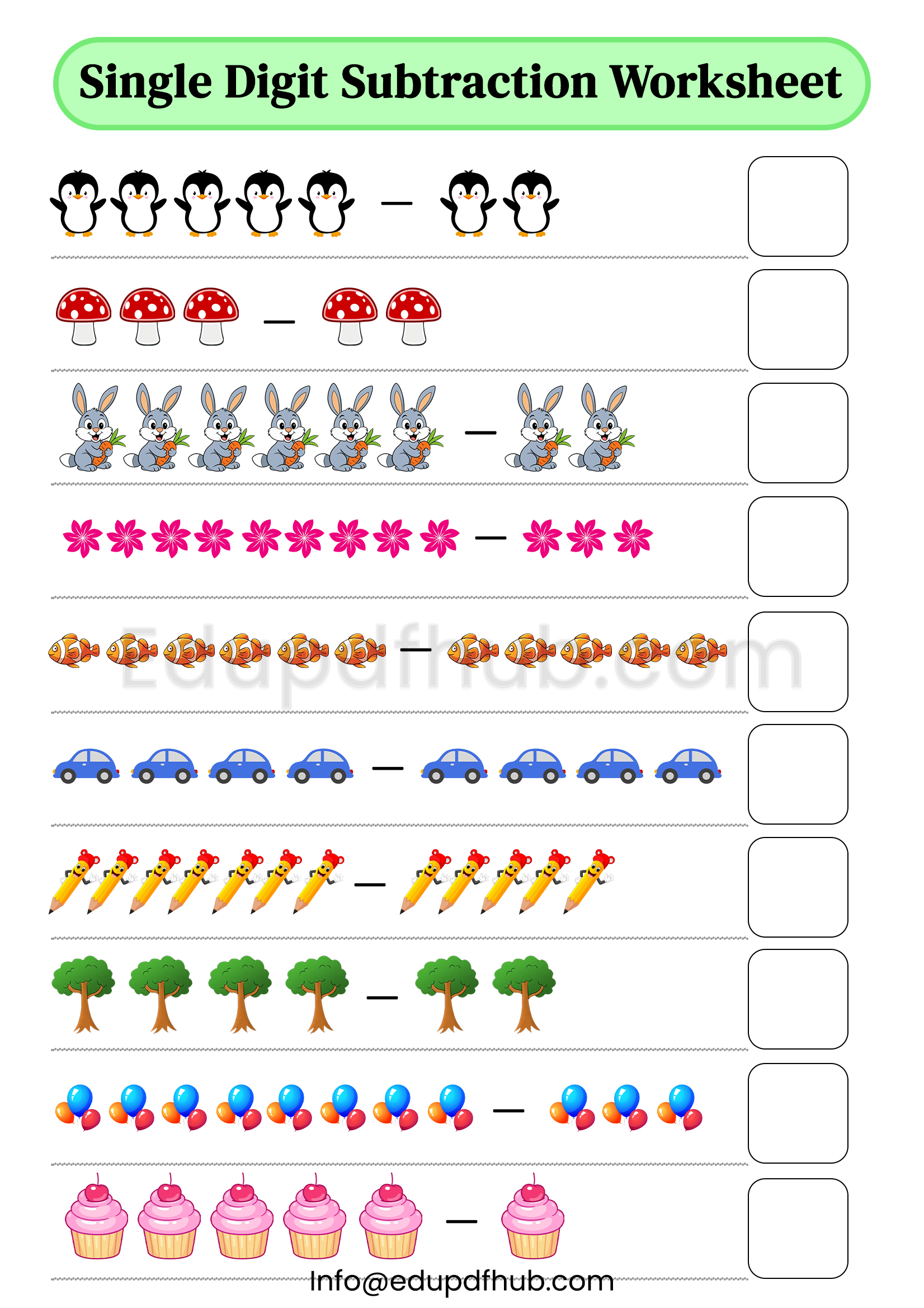 Single Digit Subtraction Worksheets with Pictures – Free PDF